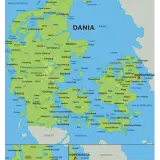 Mapa pokazuje, gdzie leży Dania, z zaznaczonymi miastami, półwyspem Jutlandzkim i wyspami.