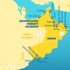 Mapa pokazuje trasę podróży przez Zjednoczone Emiraty Arabskie i Oman, kraje sąsiadujące z Jemenem.