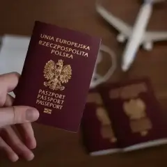 Dłoń trzyma polski paszport. Obok leżą kolejne dokumenty, maseczka i samolot. Czy do Anglii potrzebny jest paszport? Tak, jest niezbędny.