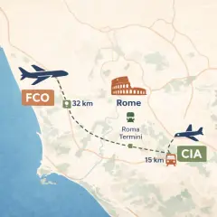 Mapa pokazuje lotnisko Fiumicino (FCO) 32 km od Rzymu, a także lotnisko Ciampino (CIA) 15 km od dworca Roma Termini.
