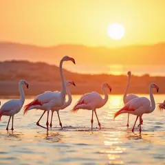 Różowe flamingi spacerują po płytkiej wodzie na wyspie Djerba o zachodzie słońca.