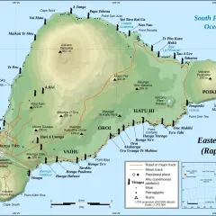 Mapa Rapa Nui z zaznaczonymi stanowiskami moai, wulkanami i drogami.