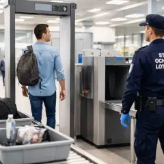 Kontrola bezpieczeństwa na lotnisku: mężczyzna z plecakiem przechodzi przez bramkę, a funkcjonariusz Straży Ochrony Lotniska nadzoruje proces.