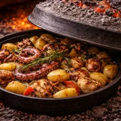 Ośmiornica z ziemniakami i rozmarynem, pieczona pod żelazną pokrywą. Idealna odpowiedź na pytanie: co zjeść w Chorwacji.