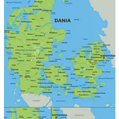 Mapa pokazuje, gdzie leży Dania, z zaznaczonymi miastami, półwyspem Jutlandzkim i wyspami.