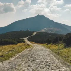 Kamienista droga wije się ku górze Śnieżce, otoczona zielenią i skalistymi szczytami.