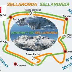 Trasa Sellaronda w Val di Fassa. Mapa pokazuje zielone i pomarańczowe trasy narciarskie wokół masywu Sella.