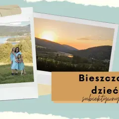 Rodzina cieszy się pięknymi widokami Bieszczad z dziećmi. Zachód słońca nad górami.