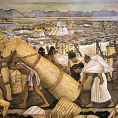 Aztekowie transportują wielkie zwoje mat i tkanin na tle tętniącego życiem miasta Tenochtitlan.