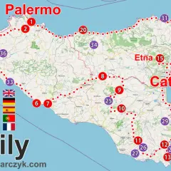 Mapa Sycylii z zaznaczonymi miastami i trasami. Widoczne Palermo, Etna, Katania i inne sycylijskie miasta.
