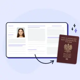 Dowiedz się, jak wyrobić paszport. Na ekranie widać formularz z danymi i zdjęcie, obok polski paszport.