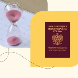 Klepsydra i paszport tymczasowy na tle kalendarza symbolizują upływający czas i potrzebę pilnego dokumentu.