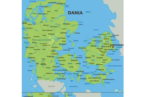 Mapa pokazuje, gdzie leży Dania, z zaznaczonymi miastami, półwyspem Jutlandzkim i wyspami.