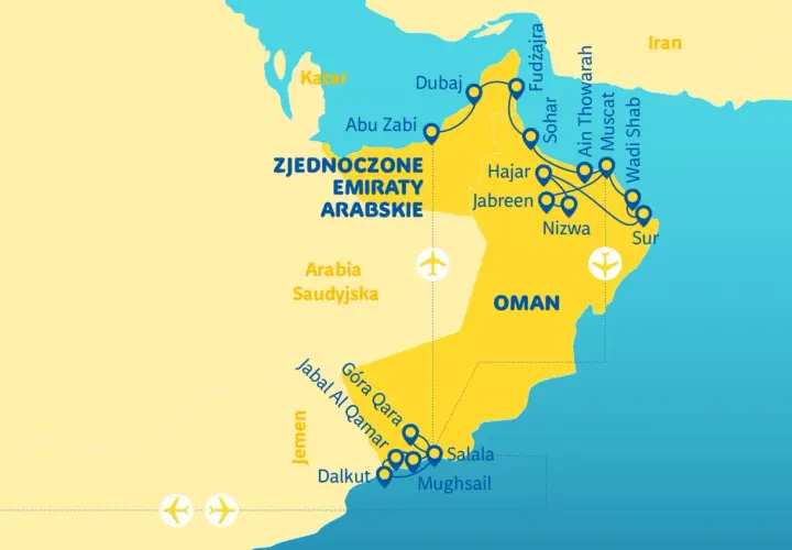 Mapa pokazuje trasę podróży przez Zjednoczone Emiraty Arabskie i Oman, kraje sąsiadujące z Jemenem.