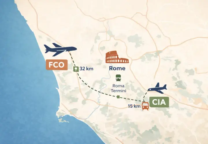 Mapa pokazuje lotnisko Fiumicino (FCO) 32 km od Rzymu, a także lotnisko Ciampino (CIA) 15 km od dworca Roma Termini.