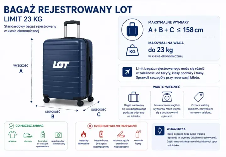 Granatowy bagaż rejestrowany LOT o wadze do 23 kg. Wymiary: A+B+C ≤ 158 cm.
