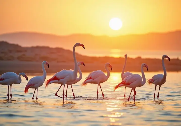 Różowe flamingi spacerują po płytkiej wodzie na wyspie Djerba o zachodzie słońca.