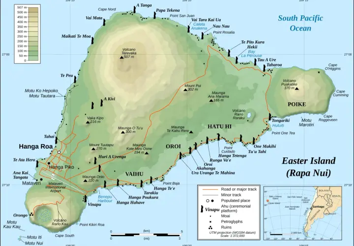 Mapa Rapa Nui z zaznaczonymi stanowiskami moai, wulkanami i drogami.