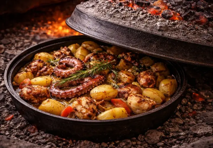 Ośmiornica z ziemniakami i rozmarynem, pieczona pod żelazną pokrywą. Idealna odpowiedź na pytanie: co zjeść w Chorwacji.