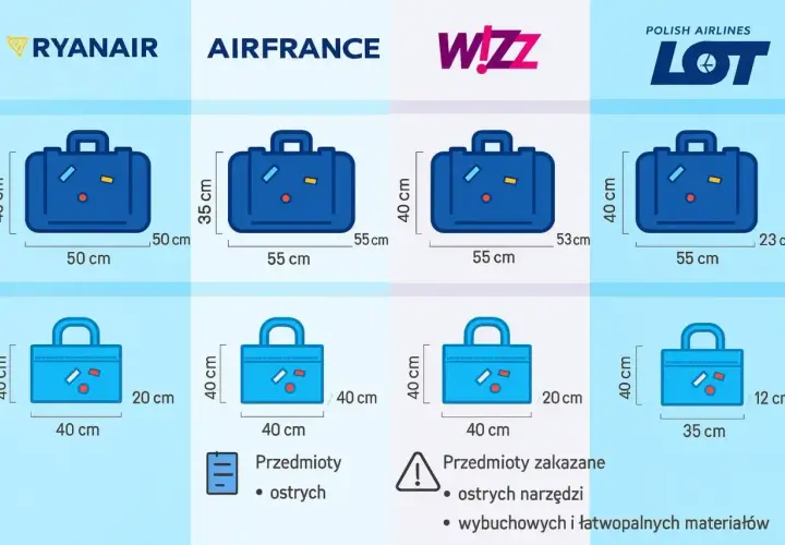 Porównanie wymiarów bagażu podręcznego dla Ryanair, Air France, Wizz Air i LOT. Sprawdź, co możesz zabrać na pokład.