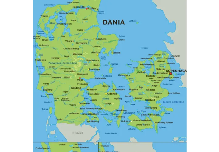 Mapa pokazuje, gdzie leży Dania, z zaznaczonymi miastami, półwyspem Jutlandzkim i wyspami.