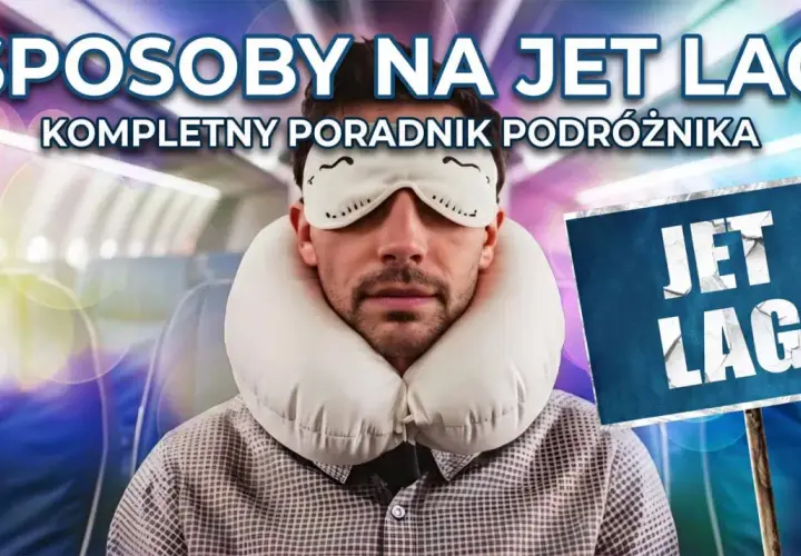 Mężczyzna w masce na oczy i poduszce podróżnej, gotowy na walkę z jet lagiem. Poradnik podróżnika.