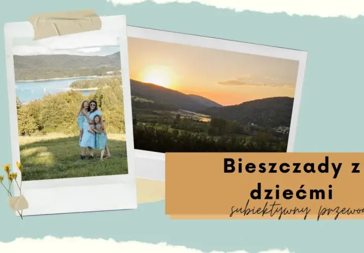 Rodzina cieszy się pięknymi widokami Bieszczad z dziećmi. Zachód słońca nad górami.