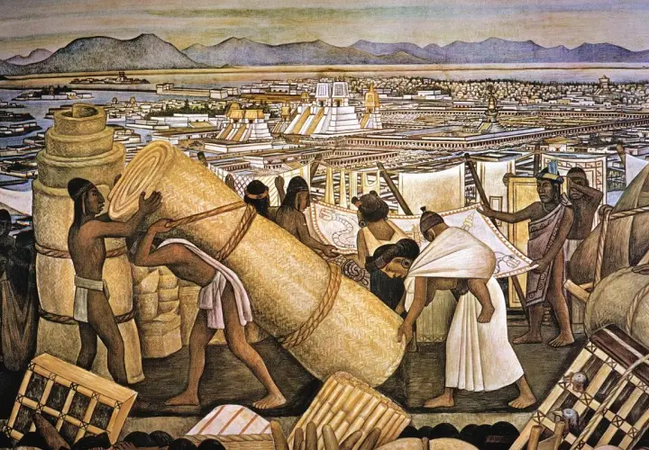 Aztekowie transportują wielkie zwoje mat i tkanin na tle tętniącego życiem miasta Tenochtitlan.