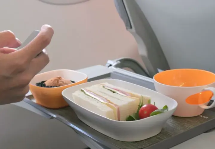 Na tacy w samolocie Ryanair kanapki, przekąska i napój. Czy można wziąć jedzenie do samolotu Ryanair? Tak, ale sprawdź zasady.