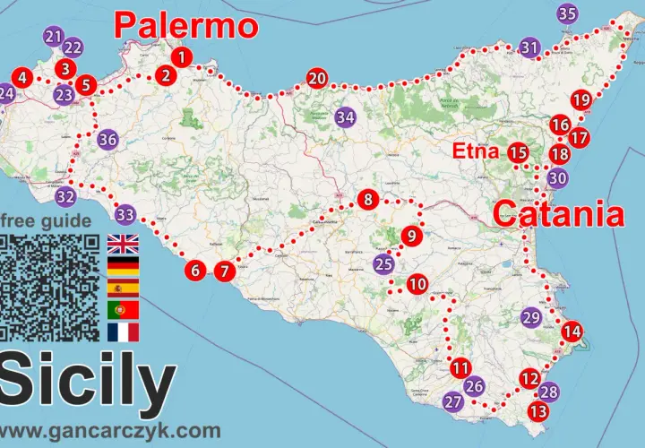 Mapa Sycylii z zaznaczonymi miastami i trasami. Widoczne Palermo, Etna, Katania i inne sycylijskie miasta.