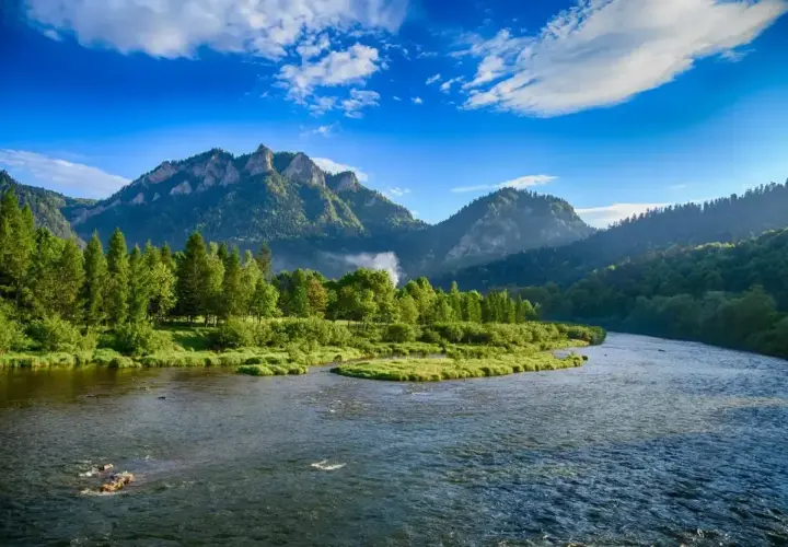 Malowniczy widok na Dunajec w Pieninach, gdzie góry i lasy otaczają rzekę. To piękno, które można podziwiać, zapominając o zgiełku miast w Polsce.