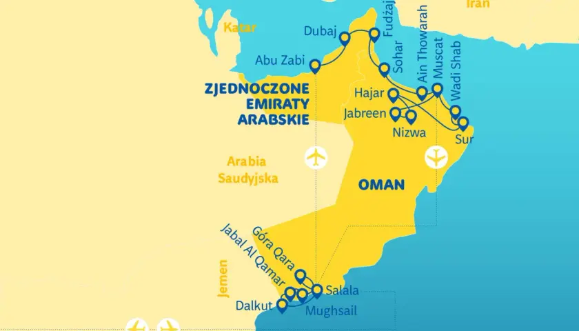 Mapa pokazuje trasę podróży przez Zjednoczone Emiraty Arabskie i Oman, kraje sąsiadujące z Jemenem.