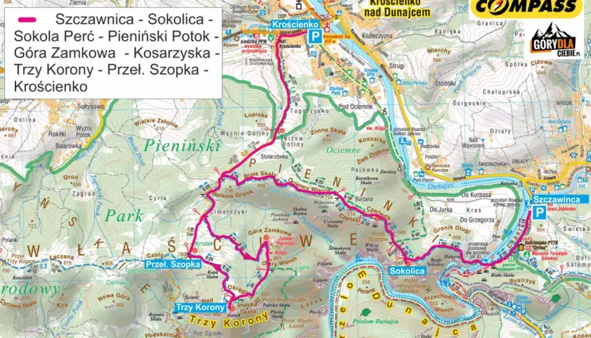 Trasa turystyczna przez Pieniny: Szczawnica, Sokolica, Trzy Korony, Krościenko.