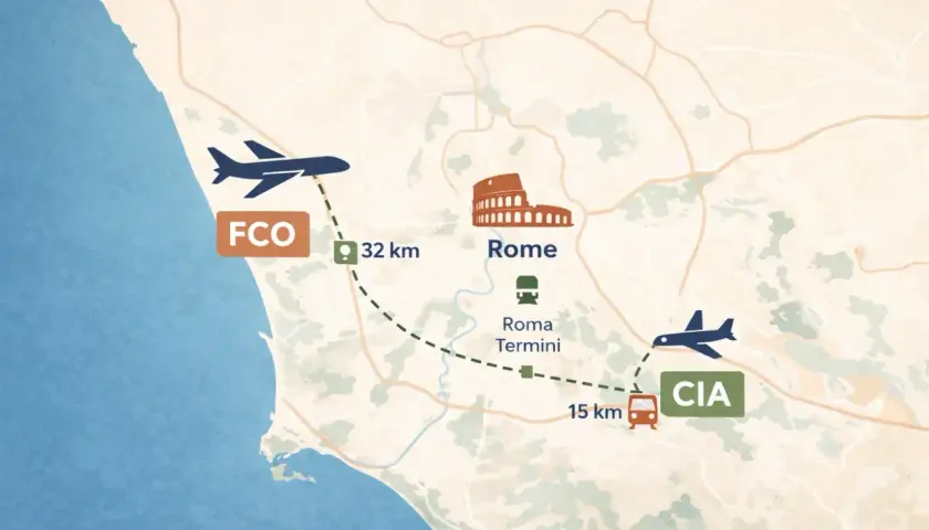 Mapa pokazuje lotnisko Fiumicino (FCO) 32 km od Rzymu, a także lotnisko Ciampino (CIA) 15 km od dworca Roma Termini.