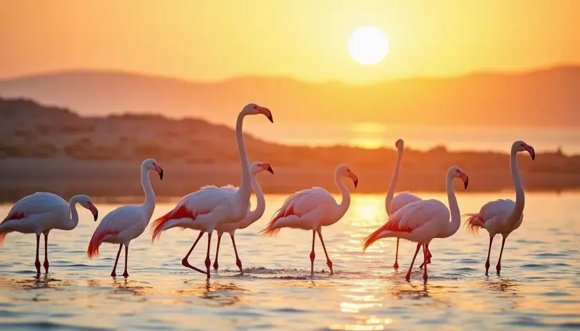 Różowe flamingi spacerują po płytkiej wodzie na wyspie Djerba o zachodzie słońca.