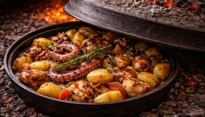 Ośmiornica z ziemniakami i rozmarynem, pieczona pod żelazną pokrywą. Idealna odpowiedź na pytanie: co zjeść w Chorwacji.