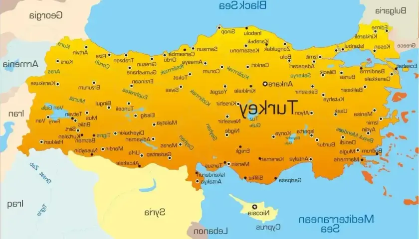 Mapa Turcji z zaznaczonymi miastami, idealna do planowania podróży i ubiegania się o **wiza do Turcji**.