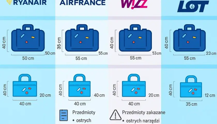 Porównanie wymiarów bagażu podręcznego dla Ryanair, Air France, Wizz Air i LOT. Sprawdź, co możesz zabrać na pokład.