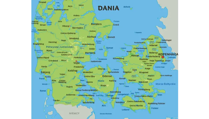 Mapa pokazuje, gdzie leży Dania, z zaznaczonymi miastami, półwyspem Jutlandzkim i wyspami.