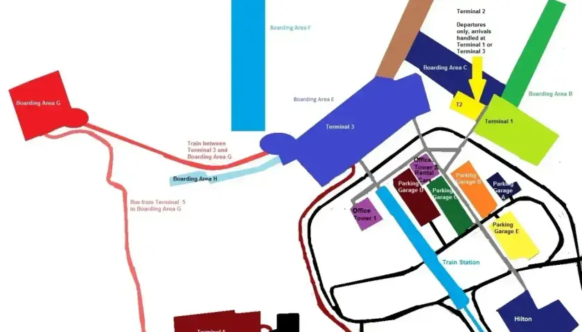 Schemat lotniska Rzym Fiumicino: terminale 1, 2, 3, 5, parkingi, stacja kolejowa, Hilton, połączenia autobusowe i kolejowe.