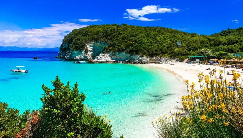Rajska plaża na Paxos i Antipaxos. Turkusowa woda, biały piasek, zielone wzgórza i żółte kwiaty tworzą idylliczny krajobraz.