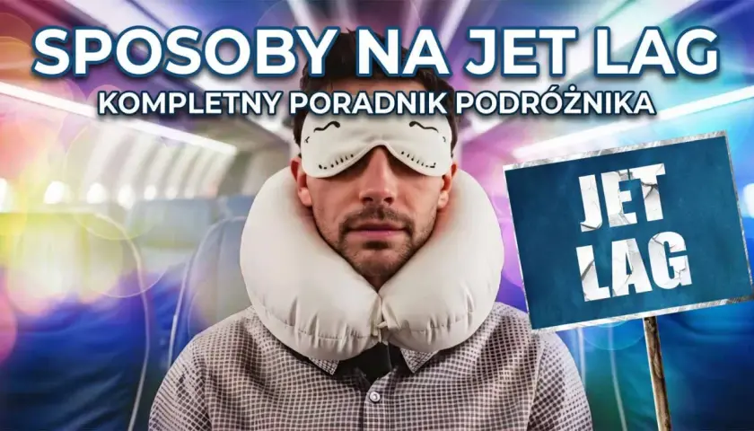 Mężczyzna w masce na oczy i poduszce podróżnej, gotowy na walkę z jet lagiem. Poradnik podróżnika.