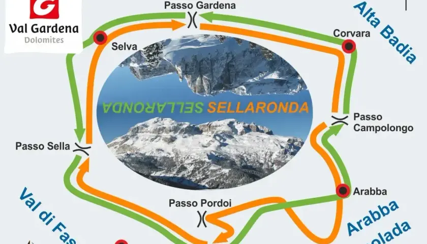 Trasa Sellaronda w Val di Fassa. Mapa pokazuje zielone i pomarańczowe trasy narciarskie wokół masywu Sella.