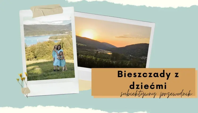 Rodzina cieszy się pięknymi widokami Bieszczad z dziećmi. Zachód słońca nad górami.