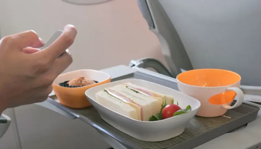 Na tacy w samolocie Ryanair kanapki, przekąska i napój. Czy można wziąć jedzenie do samolotu Ryanair? Tak, ale sprawdź zasady.