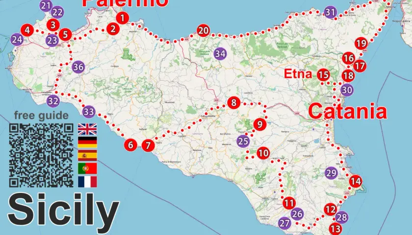 Mapa Sycylii z zaznaczonymi miastami i trasami. Widoczne Palermo, Etna, Katania i inne sycylijskie miasta.