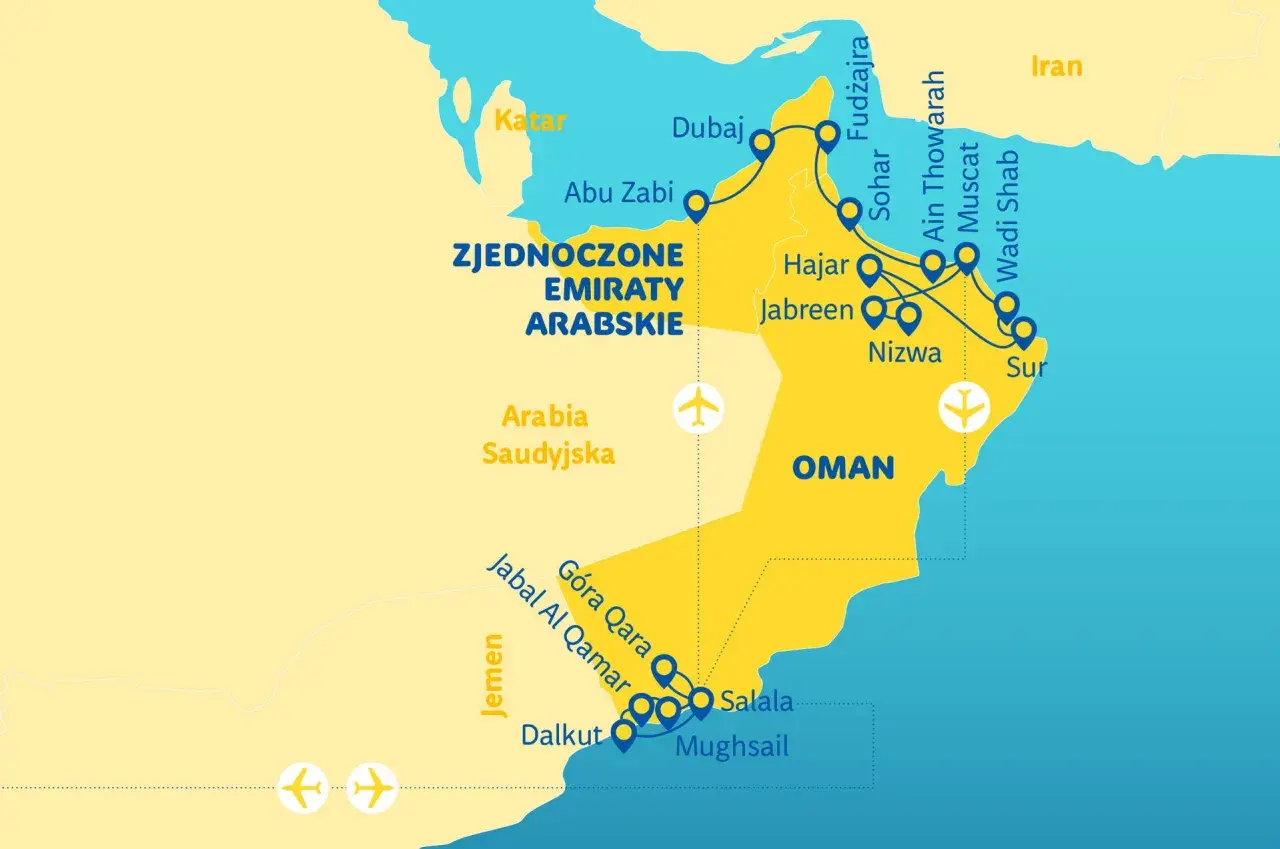 Mapa pokazuje trasę podróży przez Zjednoczone Emiraty Arabskie i Oman, kraje sąsiadujące z Jemenem.