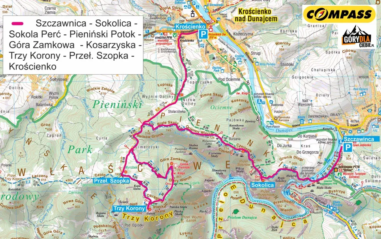 Trasa turystyczna przez Pieniny: Szczawnica, Sokolica, Trzy Korony, Krościenko.