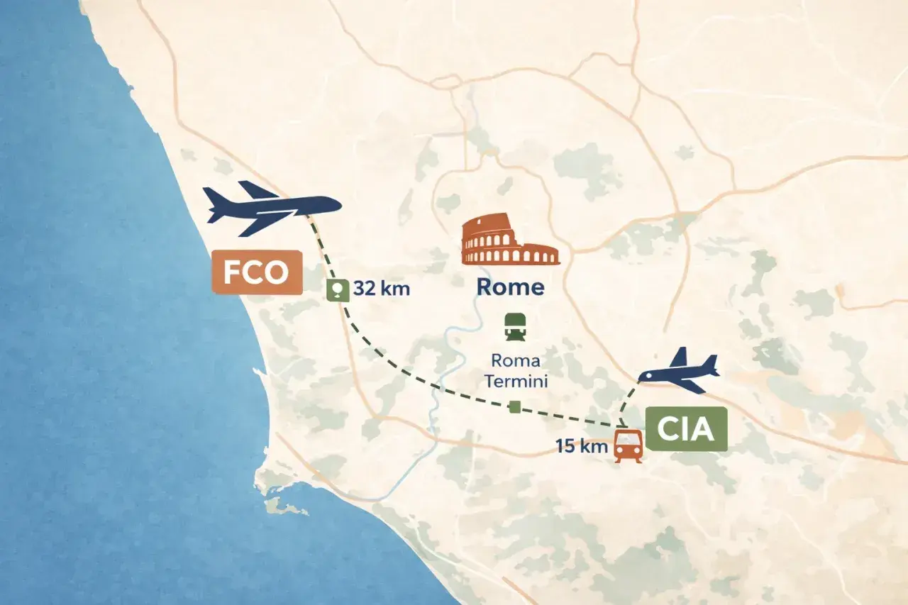 Mapa pokazuje lotnisko Fiumicino (FCO) 32 km od Rzymu, a także lotnisko Ciampino (CIA) 15 km od dworca Roma Termini.