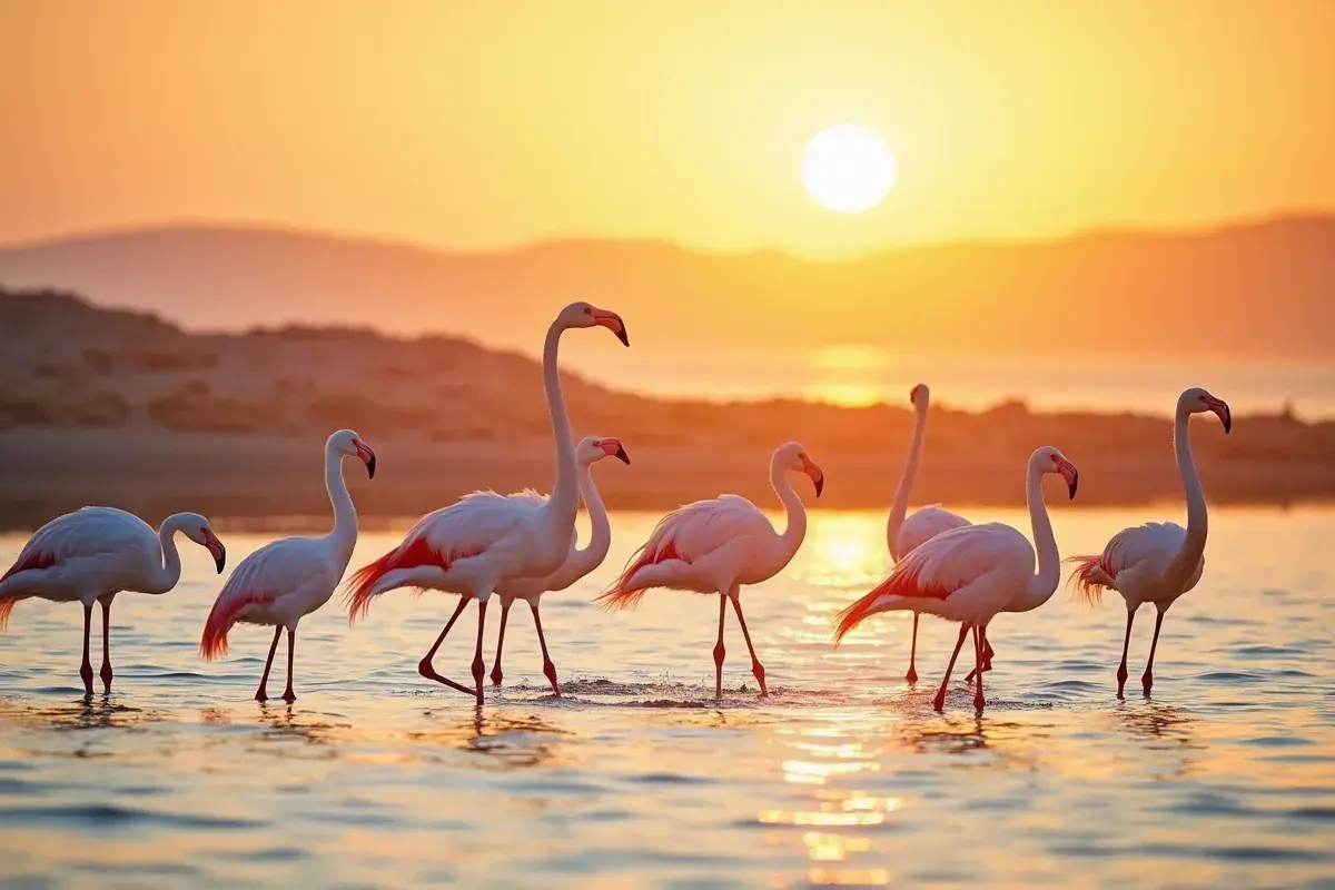 Różowe flamingi spacerują po płytkiej wodzie na wyspie Djerba o zachodzie słońca.